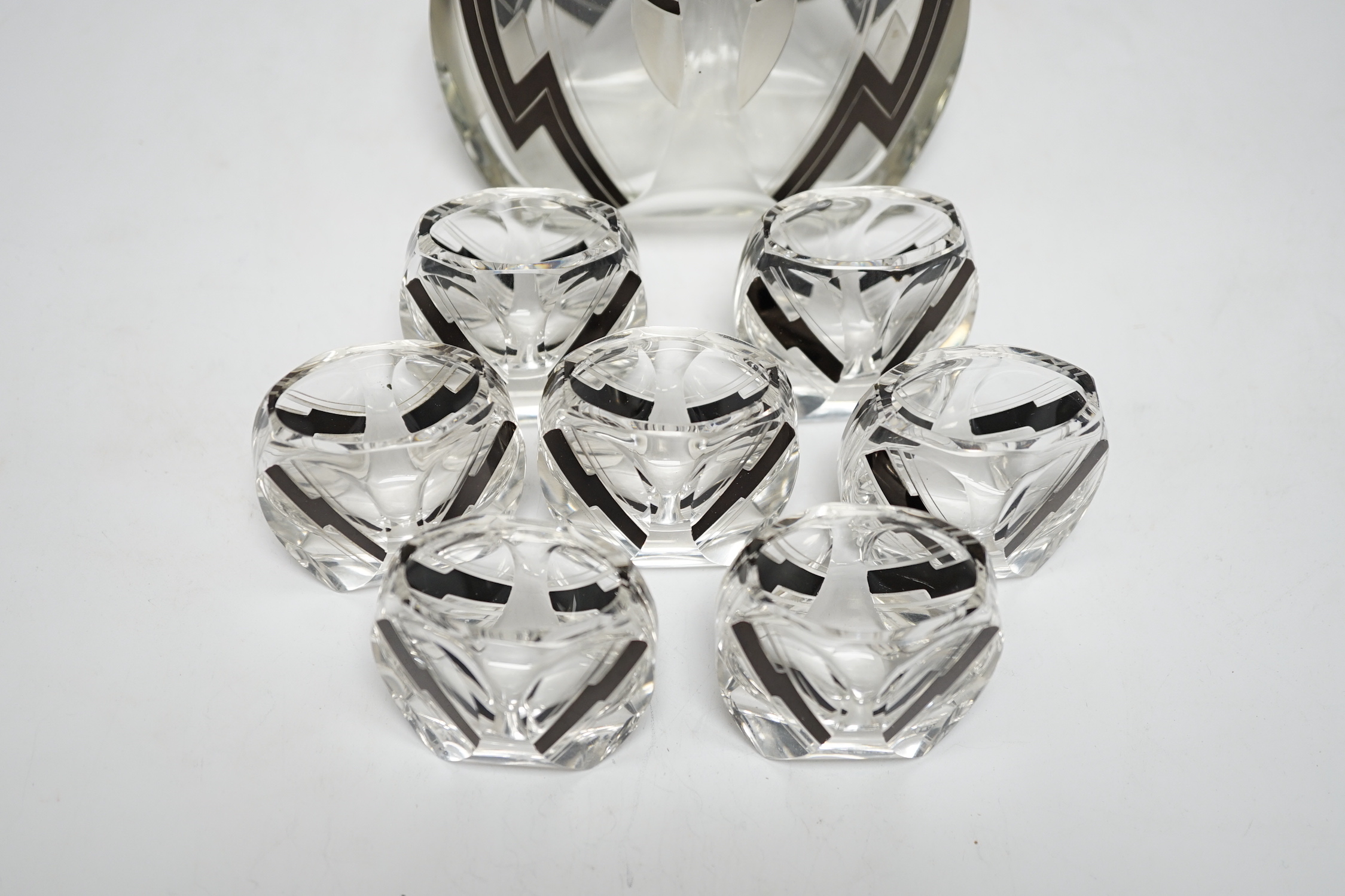 An Art Deco Bohemian glass liqueur set, decanter height 21cm